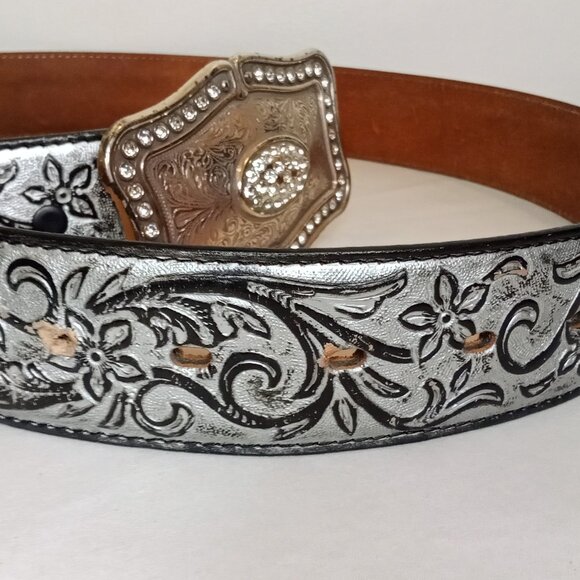 Justin Boots Ladies Belt Western Silver Black Rhinestone Buckle Size 34 - Picture 15 of 16